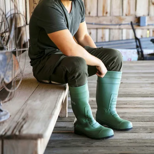 Vista 5 de HISEA Botas de lluvia con punta de acero para hombre, botas de goma de PVC, botas de trabajo impermeables para pesca en jardín, botas de trabajo al