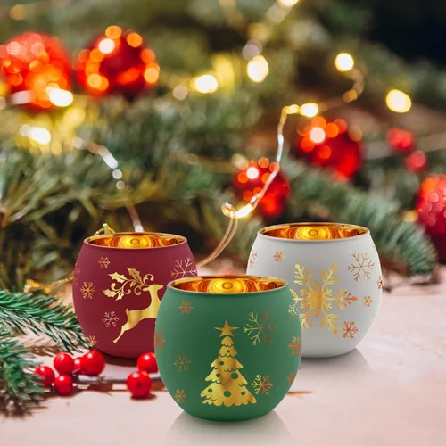 Vista 4 de Juego de 6 portavelas votivas de Navidad, portavelas de cristal rojo, verde y blanco con 6 patrones de grabado láser para decoración de mesa