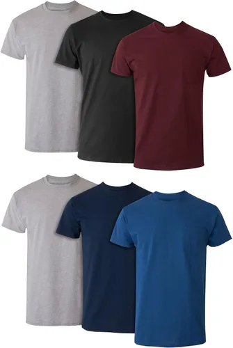 Hanes Paquete de 6 camisetas con bolsillo para hombre camiseta de algodón con cuello redondo que absorbe la humedad surtidas