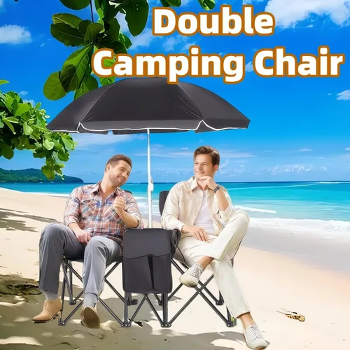 Vista 6 de Double Camping Chair with Canopy, with Cup Holder and Side Storage Pockets, for Beach, Camping and Fishing (Black)