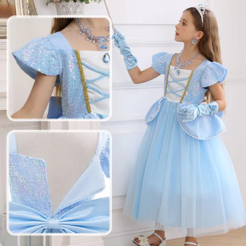 Vista 5 de Disfraz de princesa Cenicienta iTVTi para niñas y niños, disfraz de cosplay, vestido para carnaval y fiesta de Halloween Azul