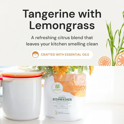 Vista 6 de Grab Green Cápsulas de detergente automático para lavavajillas, 24 unidades, aroma a hierba de limón mandarina, a base de plantas y minerales