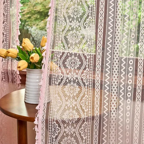 Vista 26 de MYSKY HOME Cortinas de encaje beige para puerta francesa de 40 pulgadas de largo, 2 paneles de cortinas florales bohemias transparentes para puerta