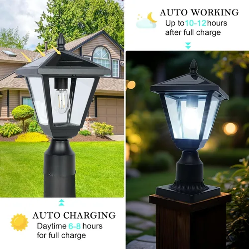 Vista 6 de Luces solares de poste de metal y vidrio, luces solares de poste del atardecer al amanecer con base de montaje en muelle, luces exteriores de 6000 K