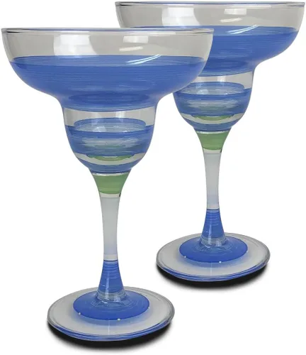 Juego de 2 vasos de Margarita pintados a mano, colección Cape Cod Cottage Blue, cristalería pintada a mano por artistas estadounidenses, vasos de