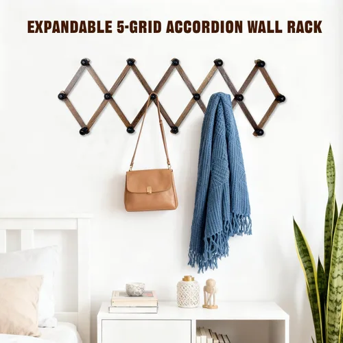 Vista 2 de WodGod Percha de pared de acordeón con 16 ganchos, perchero de madera de color nogal para pared, perchero expandible para sombreros para entrada