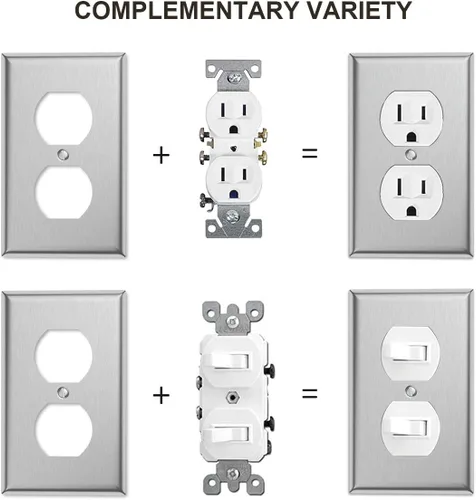 Vista 3 de Paquete de 4 cubiertas de salida de placa de interruptor de pared dúplex individual – Cubiertas de placa de salida de receptáculo de acero