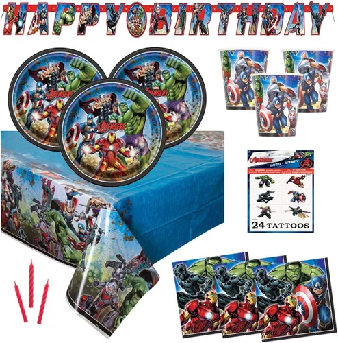 Juego de suministros para fiesta de cumpleaños de los Vengadores – Sirve 16 – Incluye decoración de pancartas, manteles, platos, vasos, servilletas,