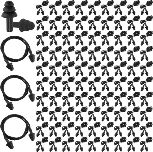 Vista 9 de Xuhal 100 pares de tapones para los oídos con cable negro reutilizables de silicona con bloqueo de sonido envueltos individualmente, tapones