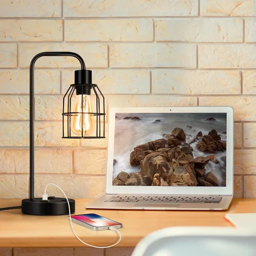 Vista 6 de BTY Juego de 2 lámparas de mesa USB Edison con puertos de carga USB duales y 2 clavijas de salida de CA, jaula de alambre de metal, lámpara de mesa