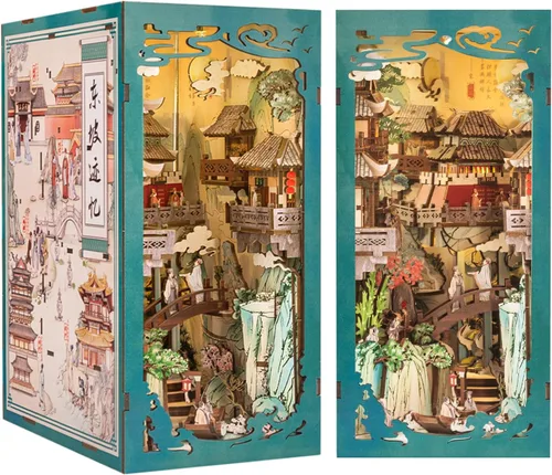 Vista 23 de CUTEBEE - Kit de rincón de libros, kit de casa de muñecas en miniatura para adultos y adolescentes, decoración de estantería, modelo de callejón