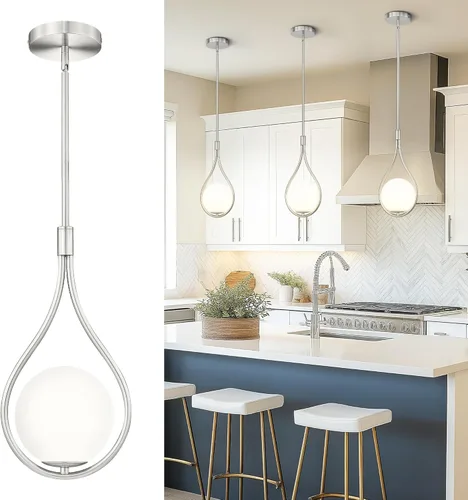 Vista 12 de AUTELO Luces colgantes para isla de cocina, 1 luz de oro cepillado moderno con lámpara colgante de globo blanco lechoso, varillas ajustables