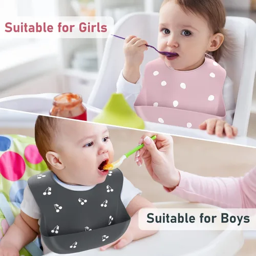Vista 4 de ME.FAN Baberos de silicona para bebés y niños pequeños Juego de 2 baberos de silicona ajustables