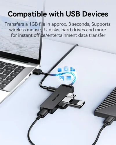 Vista 5 de VENTION Hub USB 3.0 para laptop, divisor de puerto USB múltiple, adaptador extensor USB ultrafino, transferencia rápida de datos de 4 puertos