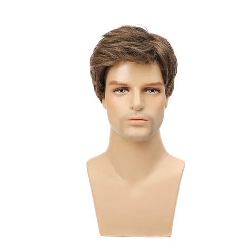 Vista 2 de Kaneles Peluca corta marrón para hombre, disfraz de repuesto sintético, pelucas de cabello natural para Halloween