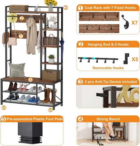 Vista 5 de BON AUGURE Árbol de pasillo con almacenamiento de zapatos, banco de entrada reversible 5 en 1 con ganchos para abrigos para pasillo, perchero