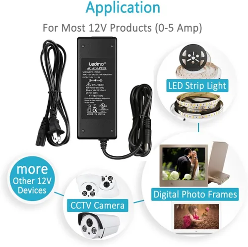 Vista 5 de LEDMO Fuente de alimentación, transformadores, adaptador LED, 12V 5A 60 vatios Max AC 100-240V a DC 12V controlador LED para luces de tira LED