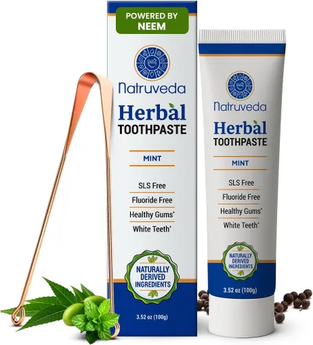 Natruveda Pasta de dientes a base de hierbas de neem con raspador de lengua de cobre complementario | Pasta dental libre de fluoruro y SLS, natural