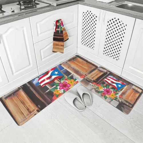 Vista 2 de Alfombras y tapetes de cocina con diseño de flor de hibisco con bandera de Puerto Rico, 2 piezas, tapete de madera para casa, cómodo