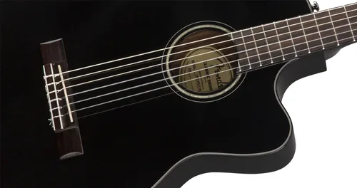 Vista 5 de Fender CN-140SCE Thinline - Guitarra acústica de cuerda de nailon para concierto, con 2 años de garantía, color negro, con estuche