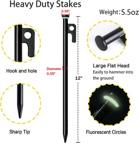 Vista 4 de Estaca para tienda de campaña con martillo, paquete de 12 estacas resistentes de 12 pulgadas + martillo de campamento de 10 pulgadas + bolsa
