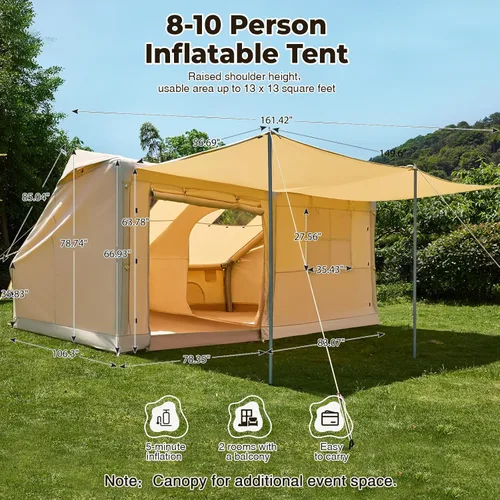 Vista 5 de Inflatable Tents for 4-6 People, 600D Oxford Blow up Tent with Extended Canopy, Skylight, Mesh Windows, Stove Jack & Pump, Easy Setup 2 Room