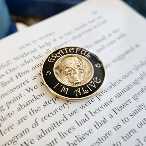 Vista 8 de The Token Shop - Moneda de sobriedad de Grateful I'm Alive, medallón de chip AA de calavera esculpida en 3D, alcohólicos anónimos de oración