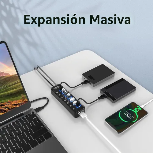 Vista 4 de vantisan Concentrador USB 3.0 alimentado, extensión divisor de concentrador USB de 11 puertos, 7 puertos de datos USB 3.0 + 4 puertos de carga Rojo