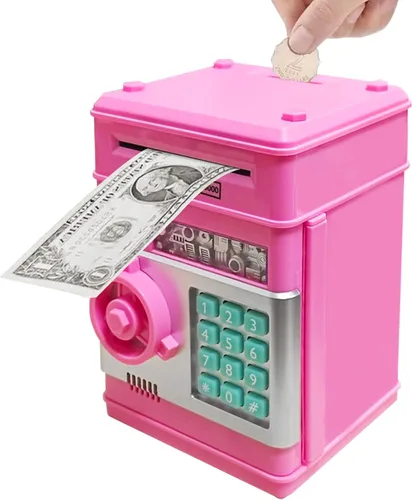 Vista 15 de Alcancía electrónica con diseño de mini cajero automático para niños, juguete seguro con caja de ahorro para monedas y dinero, con bloqueo