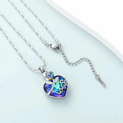 Vista 5 de Collar de urna de cremación de rosas para cenizas, joyería de cremación con dije de urna de cristal de corazón, joyería conmemorativa de recuerdo
