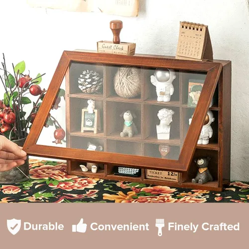 Vista 8 de Mini caja de almacenamiento de madera de 9 ranuras con estuche de acrílico transparente coleccionables, caja organizadora cuadrada de madera