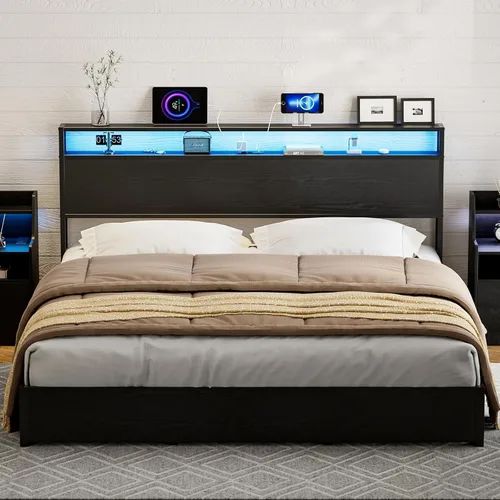 Vista 6 de IKIFLY Cabecera de almacenamiento tamaño King con luces LED y estación de carga, cabecera industrial de metal y madera, solo para dormitorio, marco