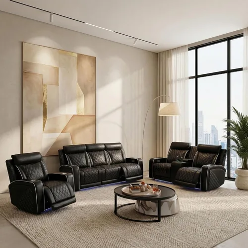 Vista 16 de Juego de sofá reclinable eléctrico de cuero con LED, juego de muebles de sala de estar, juego de sofá de cuero con puerto USB, consola