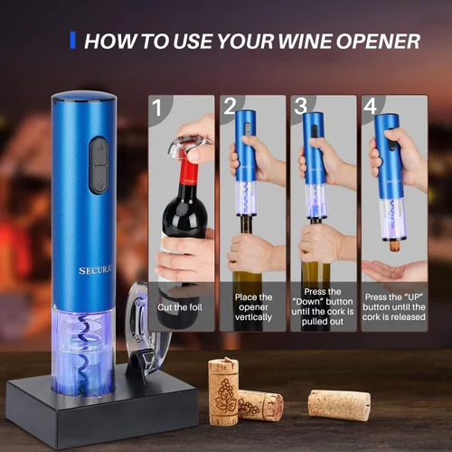 Vista 3 de Secura Abridor de vino eléctrico, sacacorchos eléctrico automático de botellas de vino con cortador de papel de aluminio, recargable (azul)