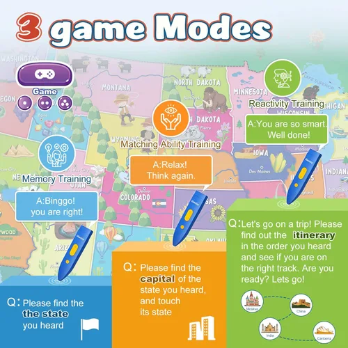 Vista 5 de Qiaojoy Bilingüe interactivo para niños que hablan de Estados Unidos mapa para aprendizaje de niños, juegos de geografía, mapa electrónico