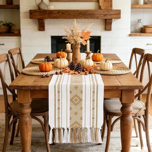 Vista 14 de Camino de mesa de otoño con borlas, camino de mesa tejido bohemio color crema para decoración de otoño de Acción de Gracias, camino de mesa auxiliar
