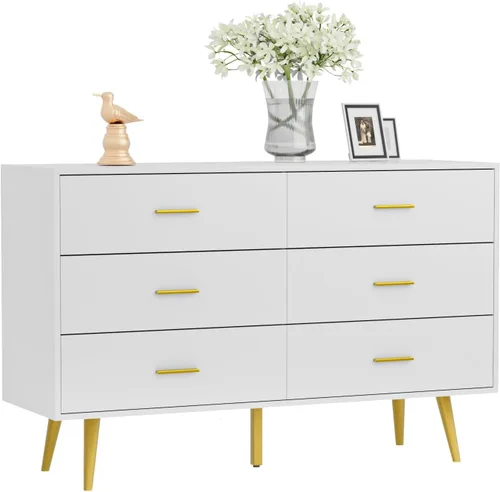 Vista 5 de CARPETNAL Cómoda blanca para dormitorio, cómoda de 6 cajones con cajones anchos y asas de metal dorado, aparadores de madera y cómoda de pasillo
