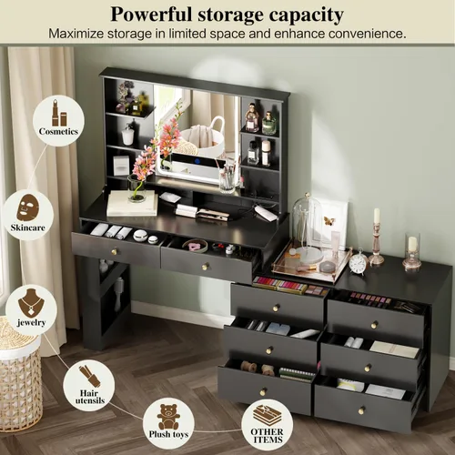 Vista 2 de Ieejdn Escritorio de tocador de maquillaje con espejo y luces, escritorio de tocador con 8 cajones y estantes de almacenamiento, mesa de tocador