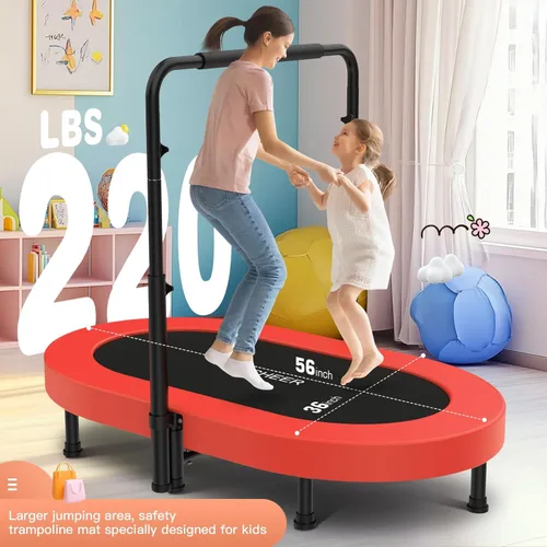 Vista 3 de ANCHEER Mini trampolín doble de 56 pulgadas para niños, mini reboteador con mango ajustable de 5 niveles, trampolín para padres e hijos para niños