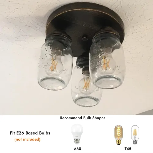 Vista 6 de CLAXY Mason Jar - Lámpara de techo con 3 luces de cristal estilo casa de campo, montaje empotrado sobre fregadero de cocina, dormitorio, comedor