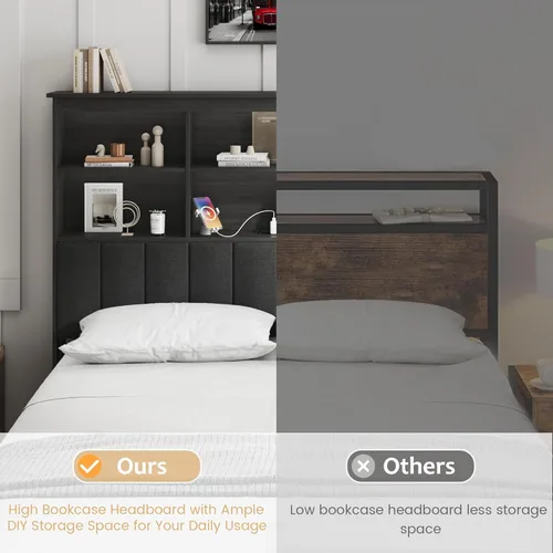 Vista 4 de HISOFT Base de cama matrimonial con cabecera de almacenamiento, cama de madera con estantería de alto almacenamiento, 4 cajones, LED y estación