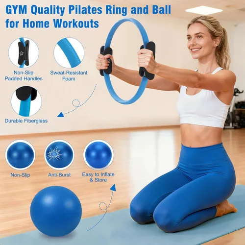 Vista 3 de Pilates Equipment Kit for Home Workout, Pilates Ring and Ball Set for Women, 14'' Magic Circle Essentials Accessories Kit, Wrist Weights, Resistance