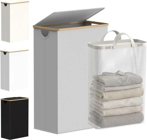 Vista 27 de efluky Cesta de lavandería delgada con tapa, cesta estrecha para la ropa sucia con bolsa extraíble, cesta de ropa sucia delgada con asas de bambú