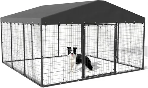 10x10x6 FT Large Outdoor Dog Kennel with Roof,Heavy Duty Dog Cage with Double Secure Locks,Anti-Rust Galvanized Steel Dog Fence Pen with Water