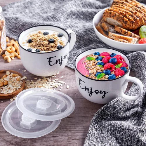 Vista 7 de Soup Mugs with Handles and Vented Lids, 26 oz Microwavable Soup Bowls, Ceramic Mugs Set for Overnight Oats, Cereal, Noodles, Ramen, Pasta, Salad