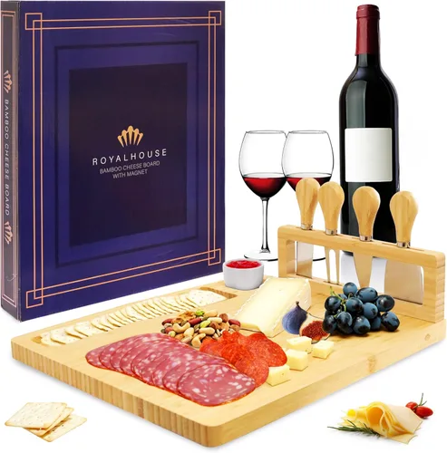 Vista 10 de RoyalHouse Juego único de tabla de queso de bambú y cuchillos con 2 cajones deslizables para cubiertos, juego de tablas de charcutería, regalos