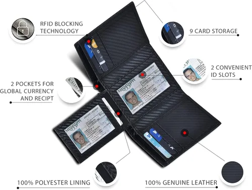 Vista 4 de Real Leather Trifold Wallet for Men - RFID Wallets Slim 9 Credit Card Holder 2 ID Compartment Gift For Men