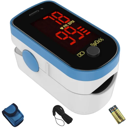 CHOICEMMED Oxímetro de pulso de dedo, monitor de oxígeno en sangre azul con baterías, sensor de saturación de O2 portátil en bolsa de transporte