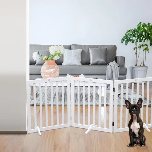Vista 6 de Puerta para Perros de Madera Independiente para Mascotas de 3 Paneles de 23.6" de Altura Blanca Cercas Interiores para Perros, Puerta de Casa