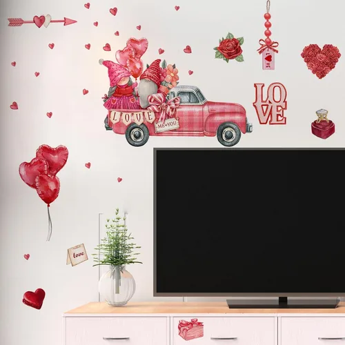 Vista 4 de Calcomanías de pared de camión rojo gnomo, calcomanías para ventana, calcomanías para el día de San Valentín, globo de corazón, decoración